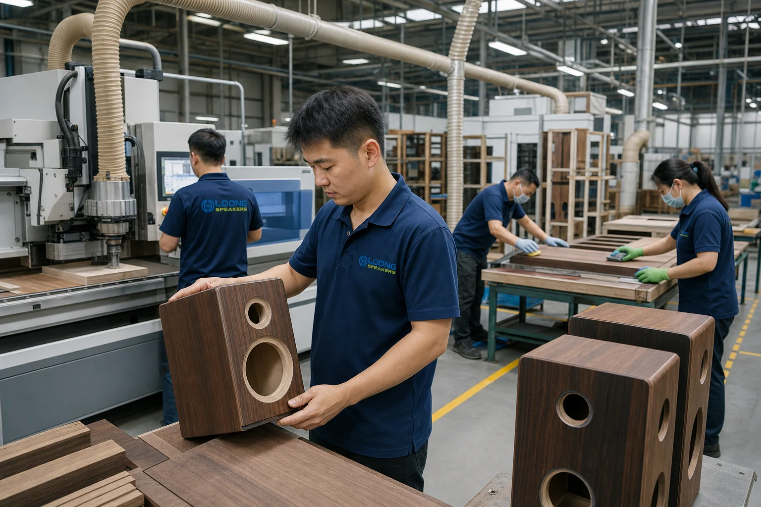 Cabinet machining and finishing at the China Loong speaker factory