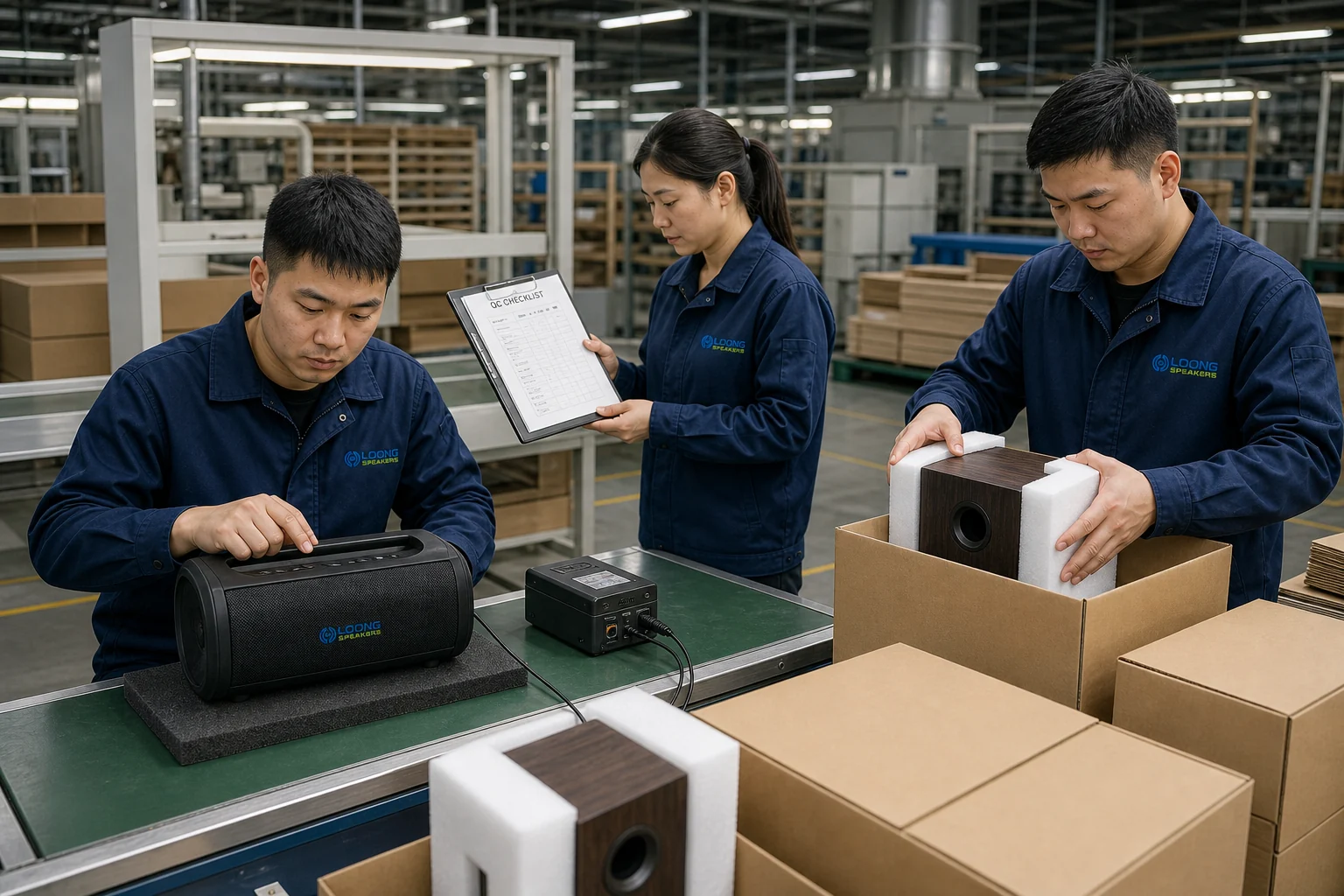 Inspection and export packing at the China Loong speaker factory