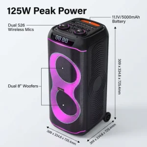 125W Outdoor Speaker with Dual Handheld Wireless Mics Double 8 Inch Subwoofer Party Karaoke