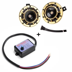 12V Motorcycle Horn with 12 Tone Controller High low Tone Metal Dual Speaker Kit with Protective Grille Universal (gold)