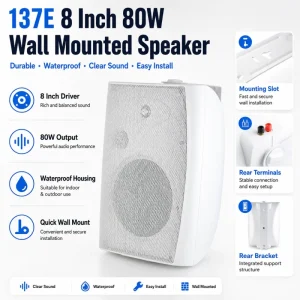 137E 8 Inch 80W Durable Stylish Home Cinema Waterproof Wall Mounted Speaker Convenient to Install With Clear Sound Speaker