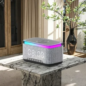 15W Fast Charging Alarm Clock Wireless Charger LED Lamp 10W Bluetooth Speaker with FM Radio