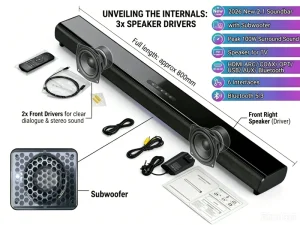 2.1ch Sound Bar with Subwoofer for Home Theater Systems 100W Wireless Bluetooth 5.3 TV Soundbar Super Bass DJ Speaker