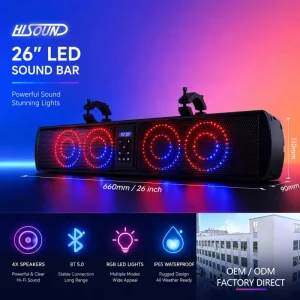 26 Inch UTV ATV Sound Bar IP65 Waterproof BT RGB LED Golf Cart Side by Side Speaker System Universal