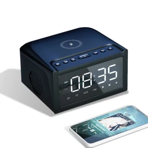 3 In 1 BT Speaker Alarm Clock with Wireless Charger LED Night Light 1200mAh Battery for Bedroom Home Hotel