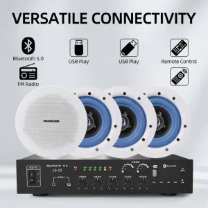 3RD DREAM LS 20 Economic 2 Zone PA Sound System Package 200W Mixer Amplifier 5.25″ In Ceiling Speakers Metal Body 105dB SNR