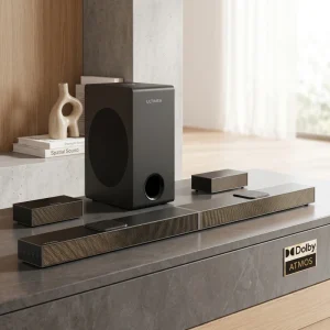 4K HDR Pass Through 5.1.2CH True Dolby Atmos 8″ Subwoofer BT 360 Spatial Audio Up firing Home Theater System