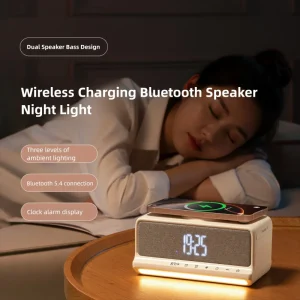 5 in 1 Multi-functional Wireless Charging Speaker with 15W Output Night Lamp Clock Alarm 2000mAh Rechargeable Battery for Home