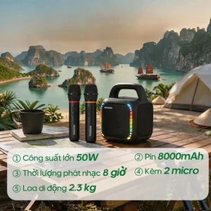 50W Portable BT Karaoke Speaker with Dual Wireless Microphones RGB Flame Light TWS Professional Outdoor Party Speaker