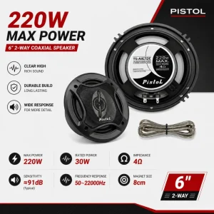 6 Inch 2 Way Coaxial Car Audio Speaker 220W Max Power 4 Ohm Universal Auto Speaker