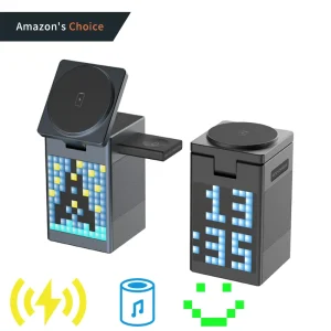 6 in 1 Multi function Pixel Animation Wireless Charger with Alarm Clock Speaker Phone Wireless Charging Stand