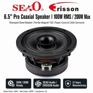 6.5 Inch Pro Coaxial Car Speaker 100W Ferrite Magnet Waterproof Paper Cone Cloth Surround OEM Customizable