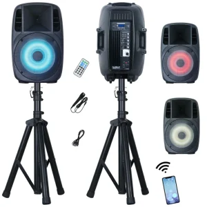 600W X 2 15″ Active Subwoofer Portable Professional PA Speaker System with RGB LED for Outdoor & Indoor Use