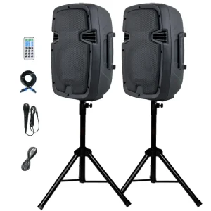 800W 2 Way Powered 2x 8″ PA Speaker System Professional Audio BT TWS Party Speaker Active+Passive Loud Set 2 Stands Mic Bocina