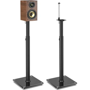 Adjustable Height Speaker Stands 360° Swivel Speaker Floor Stands with Tempered Glass Base Home Theater Speaker Stands