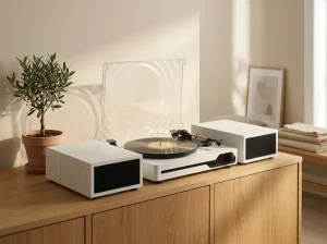 Aesthetic White Home Decor Piece Bluetooth Wireless With External Bookshelf Speakers Turntable Vinyl Record Player