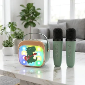 All in one Karaoke Speaker with Wireless Mic Portable Audio Mini Speaker Voice Charger RGB LED Light for Kids Use