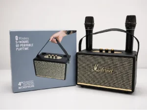 Audio Karaoke Microphone System 2 Wireless Microphones for 5.3 Speaker Wooden Cabinet 20 Hours Battery