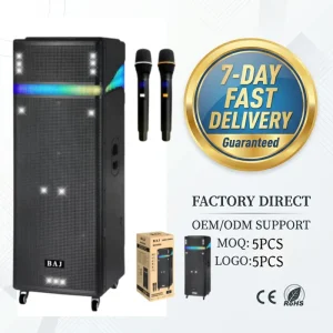 BA-X2154 Dual 15″ Party Speaker Powerful Bass RGB LED Strip Wireless Mics Trolley Factory Custom 7-Day Delivery