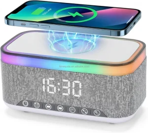 BT Digital Alarm Clock Speaker Dimmable With 15W Wireless Charging 13-Color Night Light White Noise FM Radio USB AUX