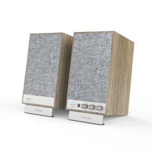 Classical Fabric&Wooden Bookshelf Speaker 50W RMS for V5.0 USB AUX Inputs for Home Theatre Sound System Computer Desktop Use