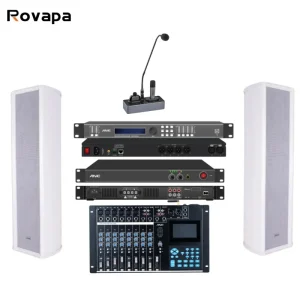 Commercial Audio Solution For Church School Hotel 8-Channel Mixer Power Amplifier Column Speakers & Wired Microphone Set