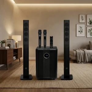 Commercial Grade 2.1 Channel Floor Standing Tower Audio Set Bluetooth Karaoke System Independent Active Subwoofer Wireless Mics
