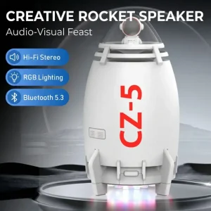 Creative Rocket Shape TWS Dual Pairing Bluetooth 5.3 Speaker with RGB Lights Wireless Portable Speaker for Kids Birthday Gift