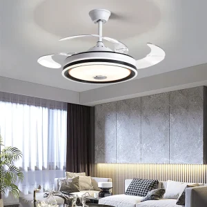 Design RGB Music LED Light Ceiling Fan with Google HFBH & Rechargeable WIFI Smart Speaker for Living Room DC Motor