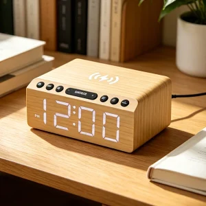EMAF Hotel Bedside Sleep Electric Desktop Table FM Radio BT Speaker Digital Wood Phone Wireless Charging LED Alarm Clock