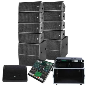 Floor standing Passive Dual 10 Line Array Speaker Set with 21″ Neodymium Subwoofer 1200W Amplifier & Audio Mixer