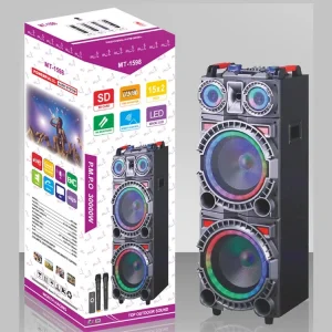 High Power 200W 15 Inch Dual Karaoke Party Speaker with RGB LED DJ Ball Light for 5.3 Portable Wooden Box