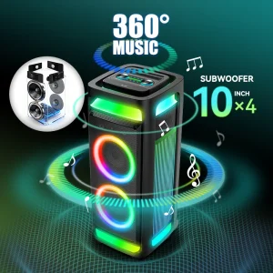 HoXen 160W Portable Party Speaker L-41002 Triple 10″ Woofer with RGB Light Deep Bass Wireless Mic Outdoor Karaoke Boombox