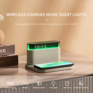 Home Audio Phone Accessories 4 in 1 Bluetooth Speaker with Wireless Charger Alarm Clock Warm Colorful Lamp and Phone Stand