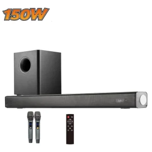 Home Theater Karaoke BT V5.0 Soundbar Speaker Wooden Subwoofer TV Sound Bar Speaker Wireless UHF Microphone Amplifier