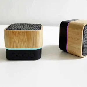 Hot Selling Bamboo Wooden Cube Led Light Speaker Mini Portable Wireless Speaker