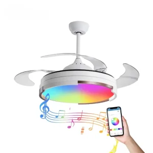 Indoor Music LED RGB Light Retractable 42 Inch 3 ABS Blades Ceiling Fan with Blue Tooth Speaker