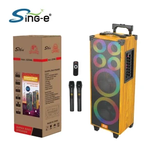 JQS9088l Portable Dual 8 Inch Wireless Outdoor Speaker with RGB LED Lighting and Microphone High Volume Wooden Construction