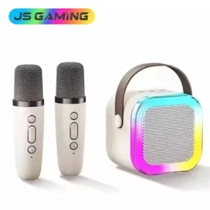 JSGAMING K12 Karaoke 2 Mic Machine Blue tooth Speaker Wireless Microphones RGB LED Colorful Lights Ambient Singing Speaker