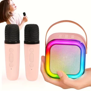 K12 Mini Karaoke Machine 2 Mic Wireless Microphone LED Light Subwoofer Speaker for Personal Computer Use or Singing