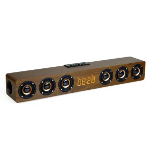 K6 30W 3600mah Multifunctional Home Theatre Soundbar BT Speaker LED Lighting Wooden Subwoofer Clock Alarm Battery