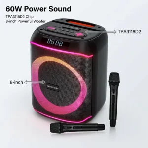 K902 60W Karaoke Speaker with Dual Handheld Wireless Microphones 8 Inch Woofer Bluetooth 5.3 Outdoor Loudspeaker PA