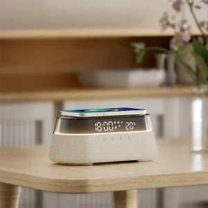 KUANGXIANG Hot sale Portable Wireless Charger Speaker with Perfect Night Light FM Radio Alarm Clock and Temperature Display