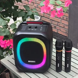 Karabass 7k Singing Machine 70W Power Two Wireless Microphones Outdoor Party Speaker 5 RGB Lights TWS Interconnection