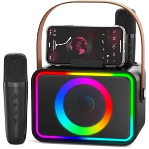 Karaoke Machine with 2 Microphones Portable Bluetooth Speaker with Handle RGB LED Light for Adults Kids Party Stage Gifts