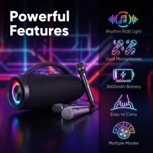 Karaoke Party Portable RGB Speaker Outdoor Mini Speaker Subwoofer with 2 Microphones