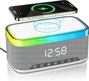 LED Digital Clock With BT Speaker & Wireless Charging 15W Qi Charging Station 10W Speakers 6 Ambient Lights BT5.3 AUX TF USB