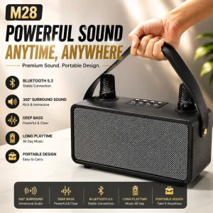 M28 Vintage Leather Speaker with 2 Wireless Microphones 30W Power Karaoke Machine Outdoor Camping Emergency Soundbox