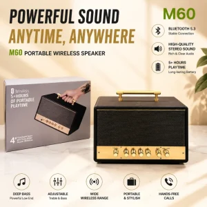 M60 Vintage Retro Speaker 4 Inch Powerful Bass Soundbox with Phone Holder Desktop Home Decor Audio