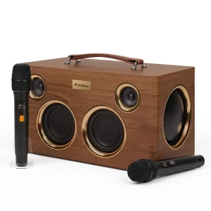 ME08-2MIC Retro Wooden Bluetooth Speaker 120W Portable Karaoke with 20000mAh Battery 30Hz-20KHz Frequency